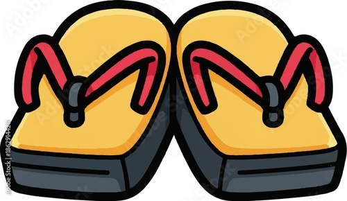 A vibrant cartoon illustration of a pair of yellow and red zori sandals with dark gray soles, front view