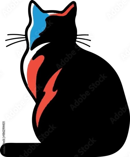 A stylized black cat sits facing away, with splashes of red and blue on its back