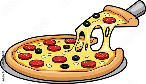 A vibrant cartoon illustration of a pepperoni and olive pizza with a cheesy slice being pulled away