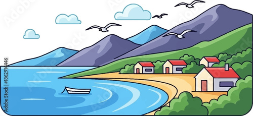 A serene coastal scene with rolling hills, a sandy beach, and quaint cottages