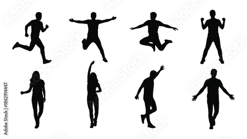 Silhouettes of people in various dynamic poses suggesting movement and activity