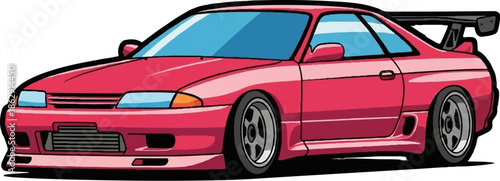 A stylized red sports car with a large spoiler and tinted windows