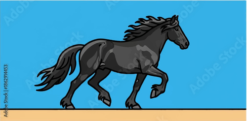 A stylized, black horse gallops across a bright blue sky over a tan ground