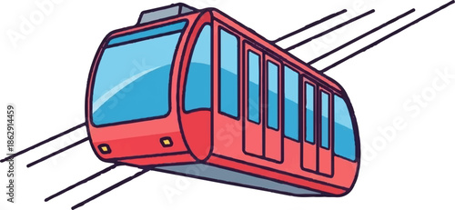 A stylized red tram or cable car travels along angled tracks with blue windows and a gray base