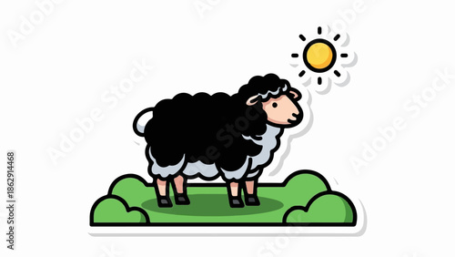 A stylized black sheep stands on green grass under a yellow sun
