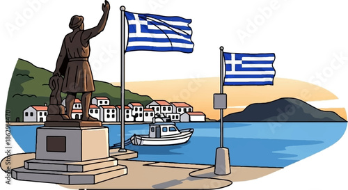 A serene cartoon illustration of a Mediterranean harbor with a statue, Greek flags, white houses, and a boat