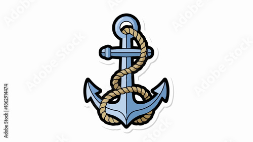 A stylized blue anchor with a thick brown rope coiled around its shaft and flukes, outlined in black