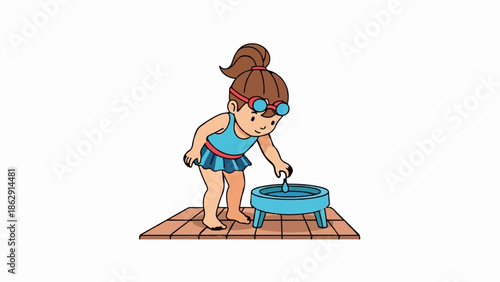 A young girl in goggles and a swimsuit plays with water in a small blue basin