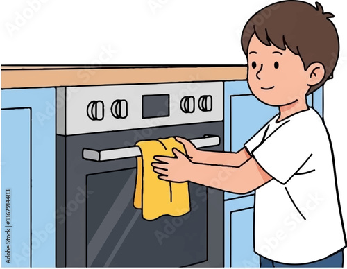 A young boy cleans an oven door with a yellow cloth in a kitchen setting