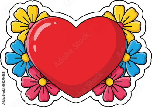 A vibrant red heart adorned with a colorful assortment of flowers