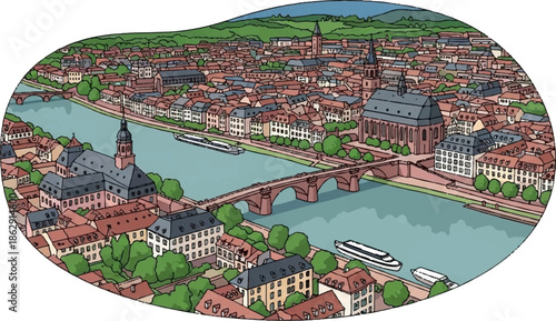 A scenic cartoon depiction of an old European city with a river and bridge