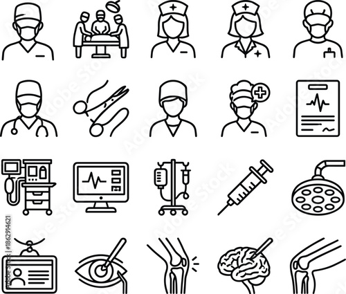 Set of 20 black line icons for surgery and healthcare including surgeon, nurse, IV drip, brain surgery for vector illustration content