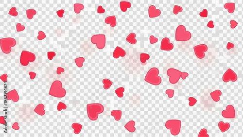 A scattering of pink and red heart shapes drift across a transparent background