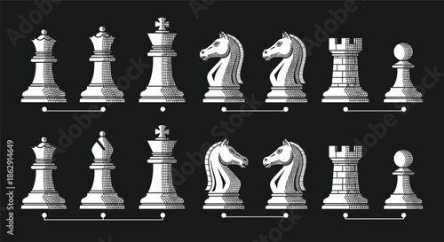 Set of vintage style chess pieces including king queen and knight with engraving shading vector illustration on black