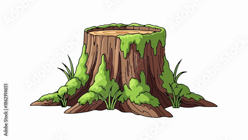 A vibrant cartoon illustration of a tree stump with moss and grass, isolated on a white background