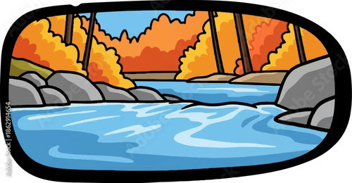 A vibrant cartoon illustration of a serene autumn river flowing through a forest with colorful trees and rocks