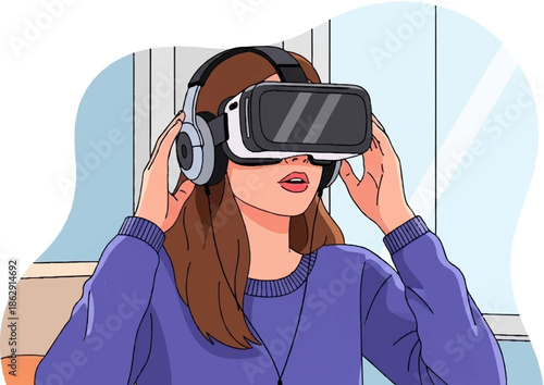 A young person wears a virtual reality headset and headphones, engrossed in an immersive experience