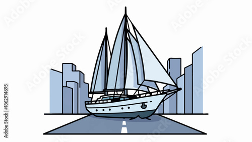A stylized sailboat glides down a road past abstract buildings