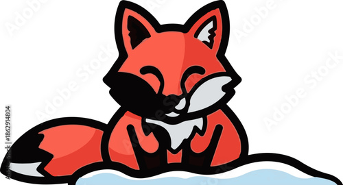 A stylized, smiling fox with bright orange fur and black accents