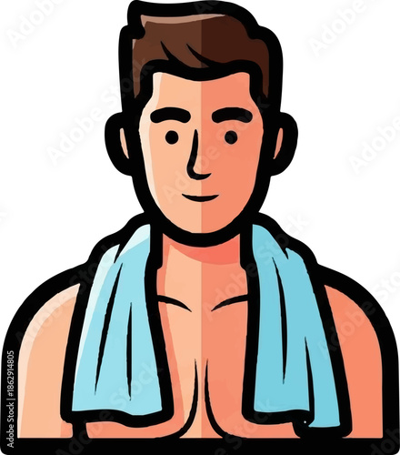 A stylized, smiling man with brown hair and a light blue towel draped over his shoulders