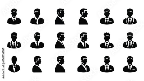 Collection of black silhouette icons depicting diverse male professionals in suits