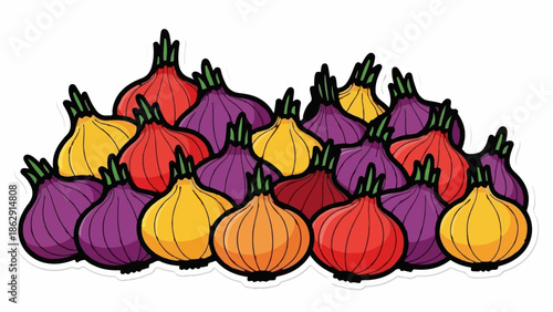 A vibrant cartoon illustration shows a large pile of various onions, including red, yellow, and purple