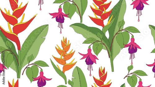 A vibrant, seamless pattern of tropical flowers and leaves, rendered in a hand-drawn style with bold outlines and soft coloring