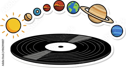 A stylized solar system orbits a vinyl record