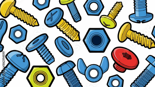 A vibrant seamless pattern of various cartoon-style screws, nuts, and washers on a clean white background