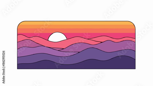 A stylized sunset over rolling purple hills with a bright sun