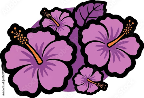 A vibrant, stylized arrangement of purple hibiscus flowers with orange centers
