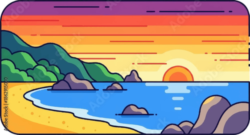 A stylized sunset over a calm ocean with a sandy beach and rocky outcroppings