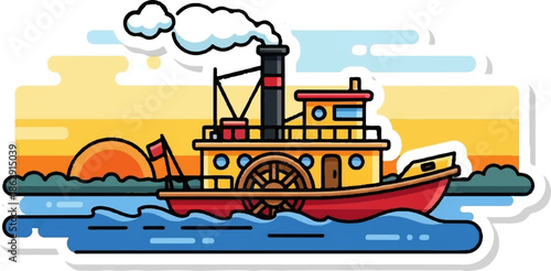A vibrant, cartoon paddle steamer cruises on water, silhouetted against a colorful sunset sky