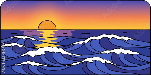 A stylized sunset over crashing blue waves reflects golden light on the water's surface