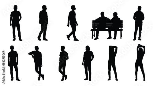 Silhouettes of people in various poses and a couple on a park bench