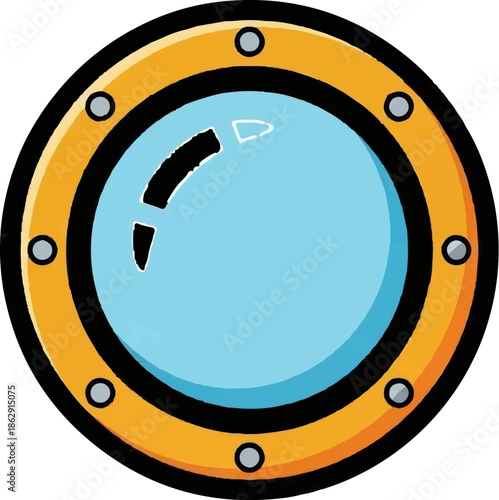A vibrant cartoon porthole, golden frame, secure rivets, blue glass, subtle white reflections