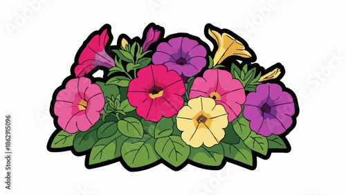 A vibrant, stylized cluster of blooming flowers in pink, purple, and yellow hues