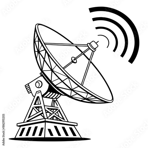 A large satellite dish on a tower transmitting signals through space
