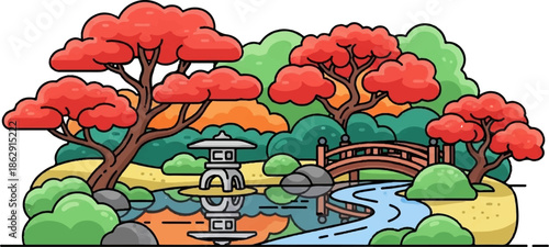 A vibrant, stylized Japanese garden with a stone lantern, bridge, and trees