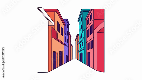 A vibrant, stylized street scene with buildings of various colors