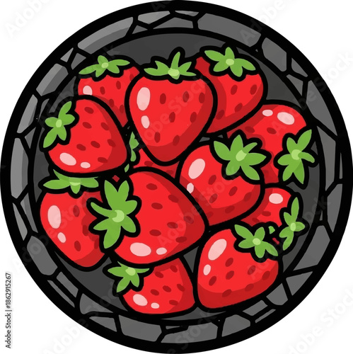 A vibrant, top-down illustration of a woven basket brimming with ripe, red strawberries