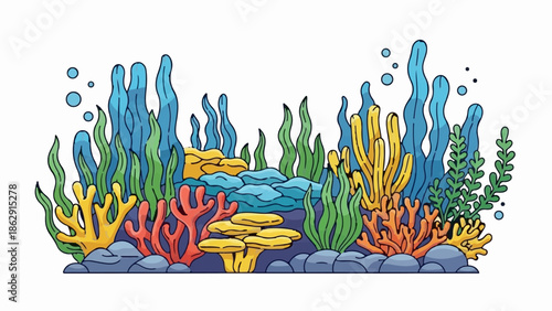 A vibrant underwater scene with colorful corals, seaweed, and bubbles in blue, green, and yellow hues