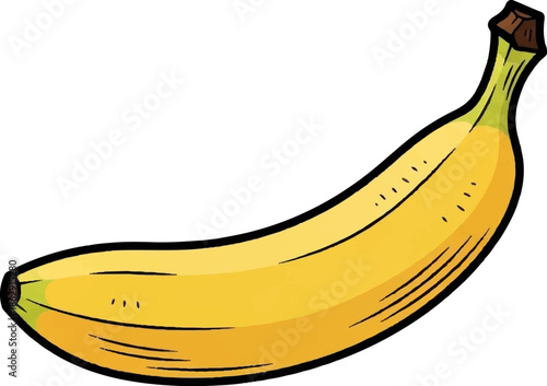 A vibrant yellow banana illustration with a brown stem and black outlines on a white background, featuring subtle shading
