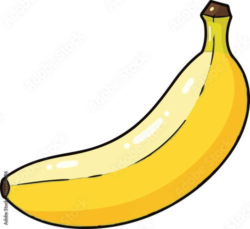 A vibrant yellow cartoon banana, slightly curved, with a brown stem and tip, on a white background