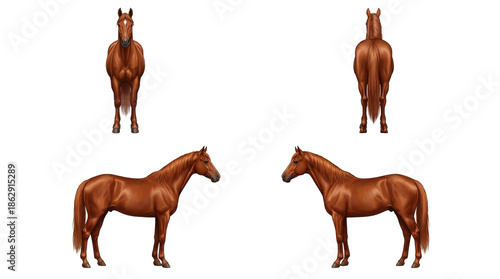 Set of 4 Brown Horse Views Vector Illustration