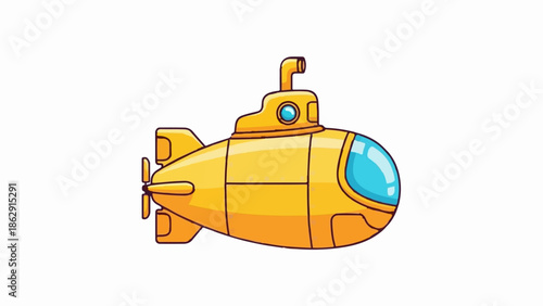 A vibrant yellow cartoon submarine with a blue front window and periscope, on a clean white background