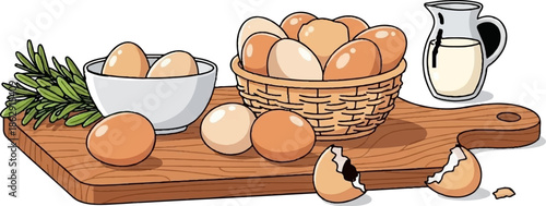A rustic wooden cutting board displays a collection of fresh eggs, a white bowl, a woven basket, and a jug of milk
