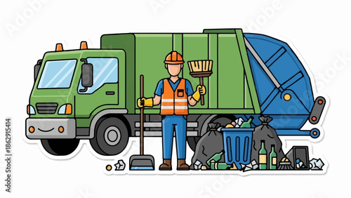 A sanitation worker stands with a garbage truck, broom, and dustpan, surrounded by trash bags and bins