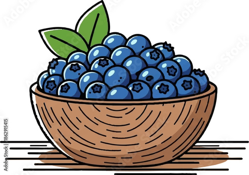 A rustic wooden bowl filled with an abundance of vibrant blue blueberries and two fresh green leaves