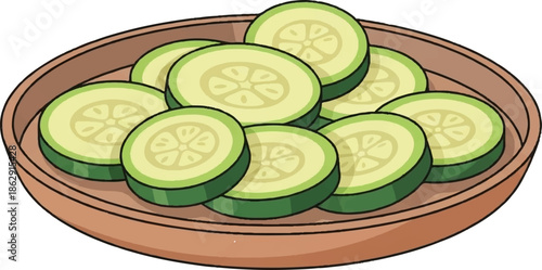 A rustic brown bowl overflows with thinly sliced green cucumbers
